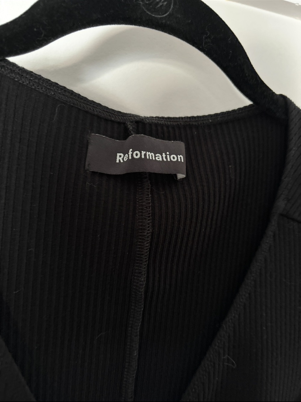 Reformation Black Ribbed Tie-Front V-Neck Women's Dress - Picture 4 of 5